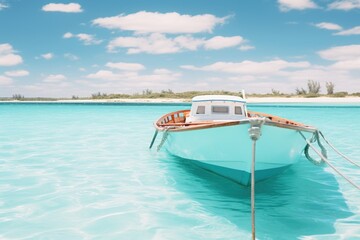 Obraz premium A serene scene of a boat anchored in clear blue water. Ideal for travel and vacation concepts