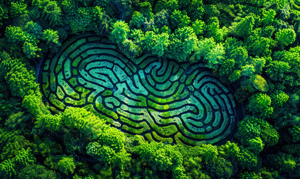 Aerial shot of a forest with intricate fingerprint-like pathways symbolizing human impact on nature and the importance of environmental stewardship