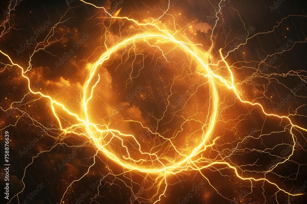 Poster a striking image of a circle of lightning in a dark sky. perfect for illustrating power and energy i