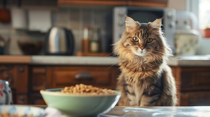 cat sitting next to bowl of food at home kitchen