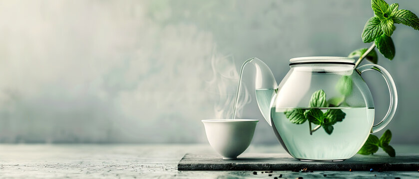 A teapot with a green plant inside and a cup of tea next to it, blurred background