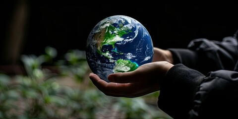 Human hands holding vibrant Earth planet with a dark backdrop in forest. The earth in mans hand. Save earth. Happy Earth Day and ecology concept. World health day, safe world concept with copy space.