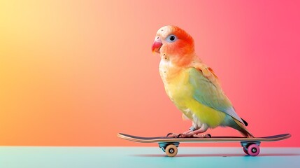 Colourful love bird chick on a skateboard on a colorful background