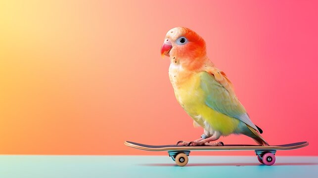 Colourful love bird chick on a skateboard on a colorful background