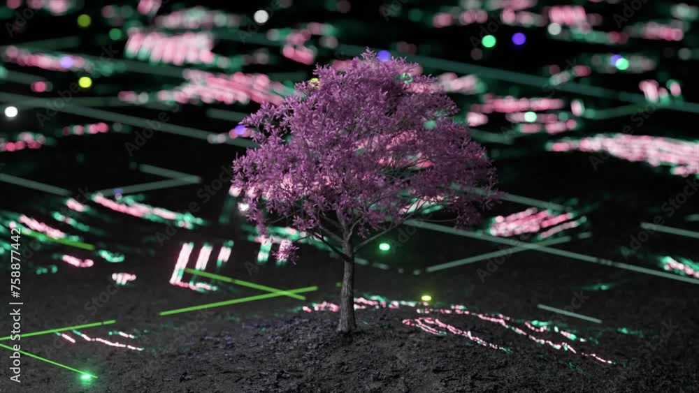 Poster this stock motion graphics video shows a futuristic digital glowing wall and trees with neon frame s