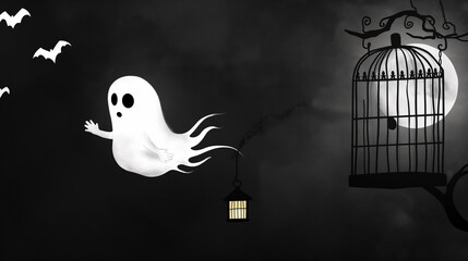 A black and white print showing a little ghost escaping from a cage. Image that can be printed on t-shirts, paintings, hats and bags.