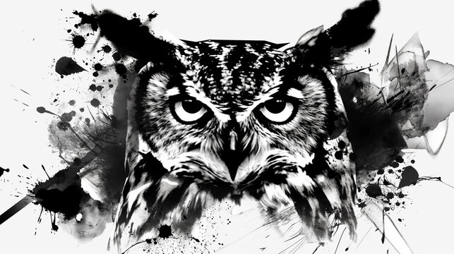 A owl face depicted in black and white with watercolor-like stains evoking the aesthetic. Image that can be printed on t-shirts, paintings, hats and bags.