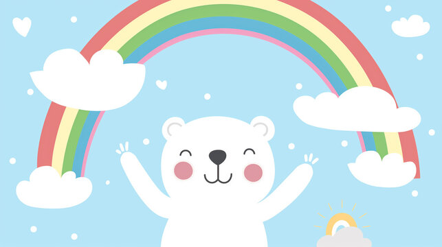 A small white bear print with arms raised under a rainbow adorned with clouds. Image that can be printed on t-shirts, paintings, hats and bags.