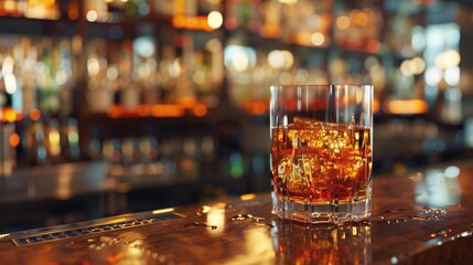 A glass of alcohol on a bar counter, perfect for showcasing beverages in a commercial setting