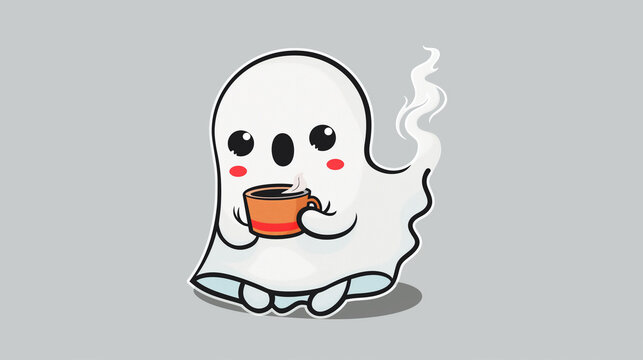 Print featuring a cute ghost holding a cup of coffee. Image that can be printed on t-shirts, paintings, hats and bags.