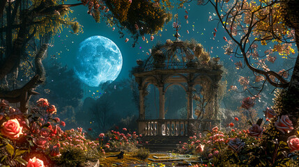 An abandoned gazebo in a whimsical garden encased in climbing vines and fantasy petals that glow under the serene gaze of a full