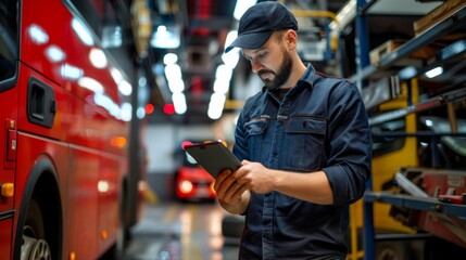 Professional bus mechanic working in vehicle repair service.
