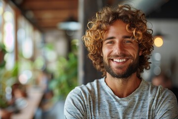 Cheerful man with curly hair smiles brightly in a casual setting with soft, ambient lighting