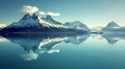 Beautiful mountain range with snowcapped peaks reflecting in the calm waters of an arctic lake.
