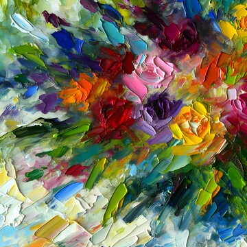 Vibrant abstract oil painting with thick strokes and colorful flowers. Artistic expression and creativity concept. Design for gallery wall, art class poster