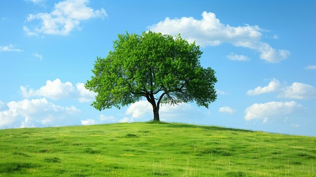 Green tree on the grassy hill under blue sky with white clouds,beautiful landscape wallpaper.