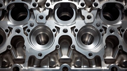 An immersive display highlighting intricate details of a cylinder head, set against a backdrop that provides context and depth.
