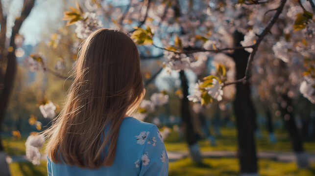 Spring concept. A photo of the woman outside, whose hair was swaying in the wind, was taken from behind. Woman walking outside on a beautiful sunny spring day.