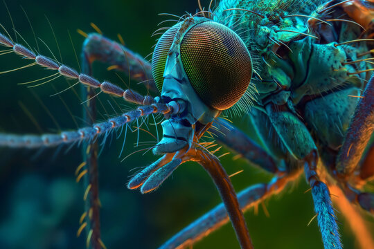 Full body mosquito, electron microscope, micro image, complex, science, depth of field, color, green nature background.
