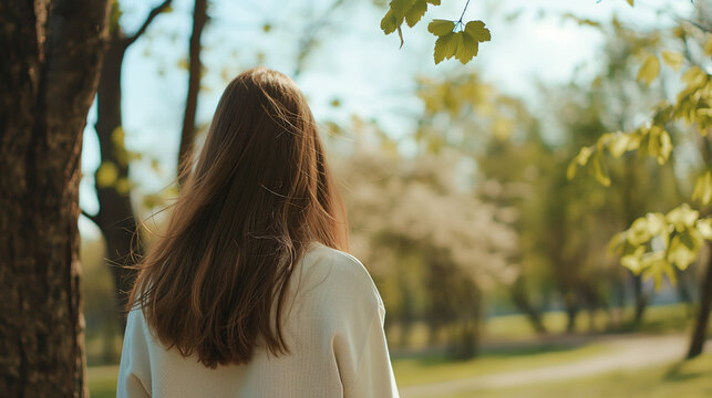 Spring concept. A photo of the woman outside, whose hair was swaying in the wind, was taken from behind. Woman walking outside on a beautiful sunny spring day.