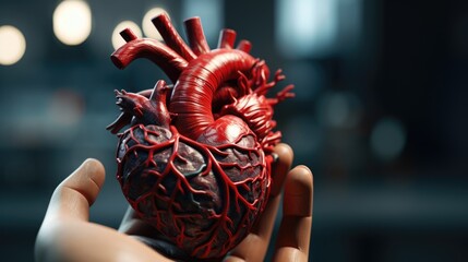 Human hand holding a heart model, medical concept