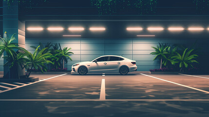 A white car is parked in the parking lot of an indoor shopping mall, surrounded by plants and greenery. The background features a gray wall with neon lights. Rendered in the style of photorealistic re - Powered by Adobe