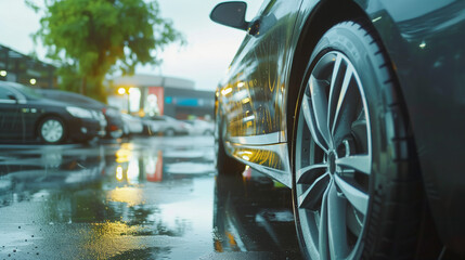 Close up of a black car with shiny wheels standing on the wet asphalt in a front parking lot, surrounded by other cars. Rainy day. Blurred background - obrazy, fototapety, plakaty
