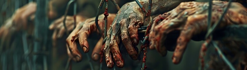 A zombie movie with a bunch of dead hands and skulls