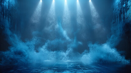 dark stage with blue spotlights and smoke. Dark background for product presentation, concert poster or dance show banner
