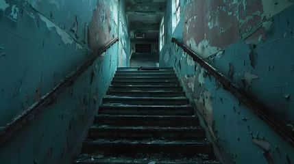  A dark hallway with a bench in the middle. The hallway is empty and the bench is old and rusted © Wuttichai