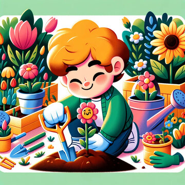 A cartoon character planting flowers, depicted in a colorful and engaging style