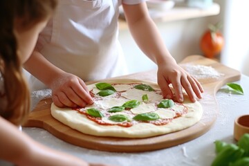 Person making a pizza on a wooden board, perfect for food blog or cooking website - obrazy, fototapety, plakaty