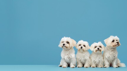 Group of Maltese dogs in a row isolated on blue background