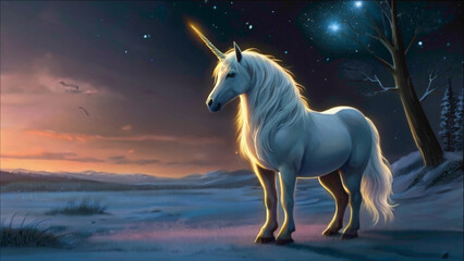 Obraz na płótnie Canvas unicorn horse in white color wondering in the forest under the lake with dark blue sky in the front of twinkling of the stars abstract background of the unicorn animal in pure and deep white color 