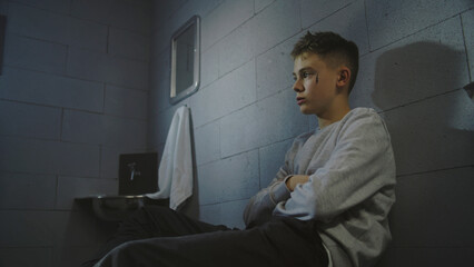 Upset Caucasian teenage prisoner sits on the bed in prison cell. African American inmate washes his...