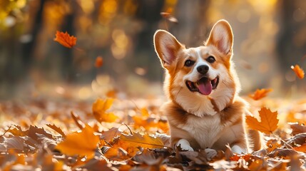 Happy dog of welsh corgi pembroke breed among fallen leaves in autumn - obrazy, fototapety, plakaty