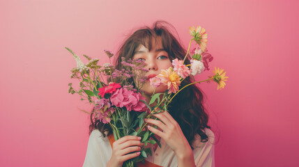 Portrait of a woman with flowers isolated on pink background