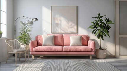 Airy living room bathed in sunlight with a coral sofa and lush plants