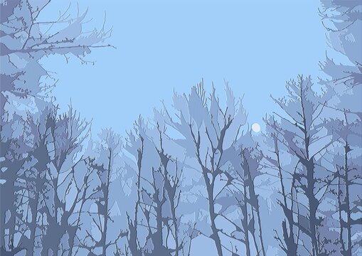 Trees in forest and blue sky with white moon - abstract graphic with 3D effect of relief and blue colors. Topics: pattern, image, nature, environment, weather, climate, winter