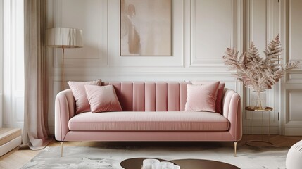 A classic pink sofa set against elegant wall paneling
