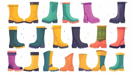 Rubber wellies and gumboots for rainy weather. Trendy water-resistant footwear with a trendy style. Flat modern illustrations isolated on white. - obrazy, fototapety, plakaty