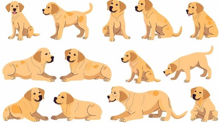 Stunning illustrations of a lovable labrador retriever puppy sitting, lying, standing, and running on a white background. Canine animal, pet illustration. Modern illustrations.