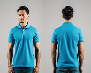 Front and back views of a man wearing a blue polo shirt mockup template