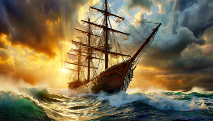Bottom view of an old wooden sailing ship braving the waves of a wild stormy sea, in the background dramatic sky with storm clouds at sunrise or sunset. Generative Ai.