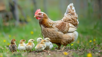 Mother hen chicken with cute tiny baby chicks all protected beneath her wings keeping warm
