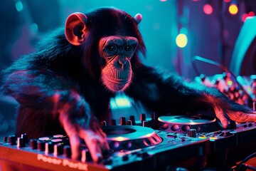 funny monkey standing and making musical mix with special equipment and working as dj in night club...