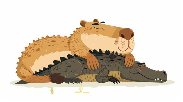 Croc and capybara, funny cute animal friends lying, embracing, hugging and relaxing together. Modern illustration with white background.