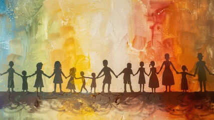 Capture global unity with diverse family silhouettes in a harmonious circle, symbolizing universal bonds. - obrazy, fototapety, plakaty