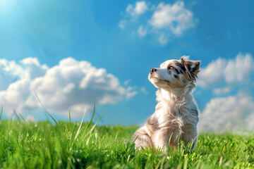 Cute little puppy sitting on green grass in sunlight