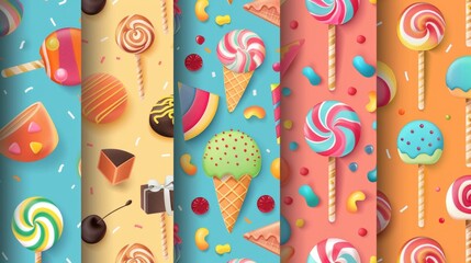 Candy seamless patterns. Endless sweet backgrounds. Lollipop, ice-cream cones, confectionery, repeating prints, textures for wrapping, fabric, textile design. Colored flat modern illustrations. - obrazy, fototapety, plakaty